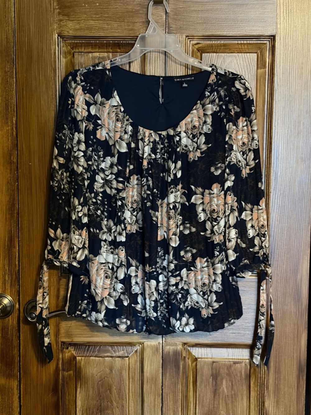 Sara Michelle Blue Floral pleated design Tie-Sleeve Blouse with elastic bottom